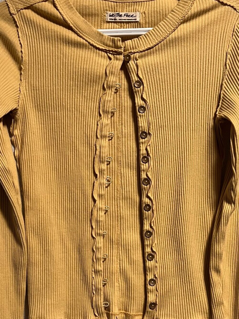 We The Free Mustard Yellow Ruffle Button-Front Ribbed Top / Cardigan | XSMALL - Picture 3 of 4